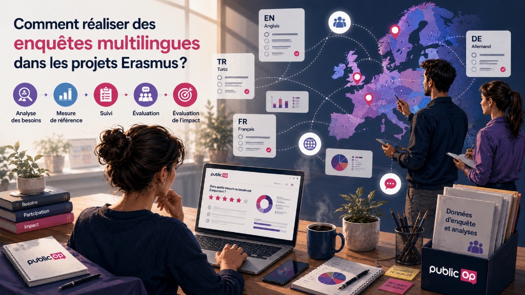 Visuel de recherche montrant l'utilisation d'enquêtes multilingues dans les projets Erasmus pour l'analyse des besoins, le suivi et l'évaluation de l'impact.