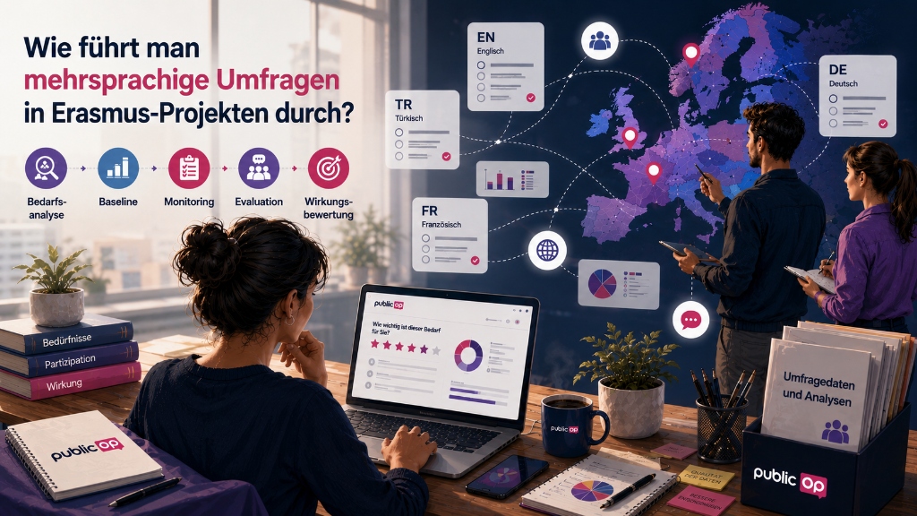 Eine Forschungsdarstellung, die die Nutzung mehrsprachiger Umfragen in Erasmus-Projekten für Bedarfsanalyse, Monitoring und Wirkungsbewertung zeigt.